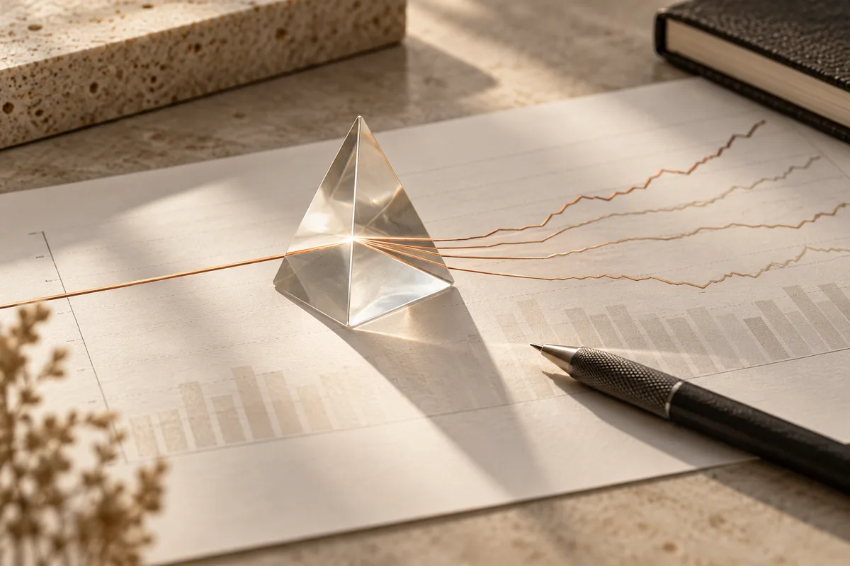 Editorial illustration of a prism and worksheet representing closer examination of financial details