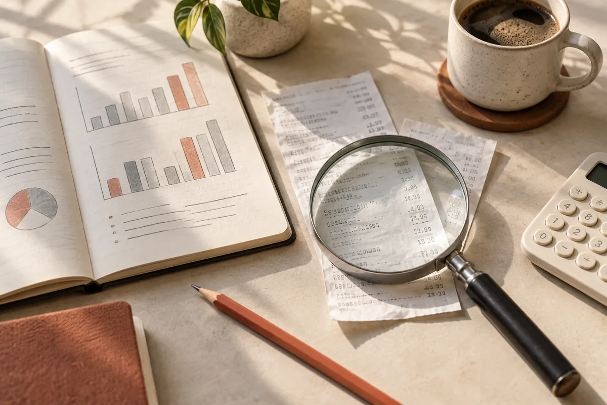 Illustration of a magnifying glass and receipts representing the examination of total transfer costs