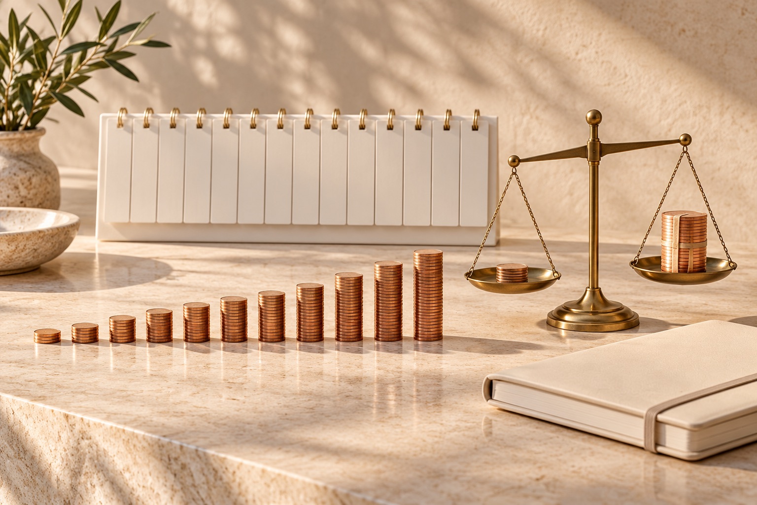 Calendar, planner and copper coin stacks illustrating monthly payments versus an annual subscription.