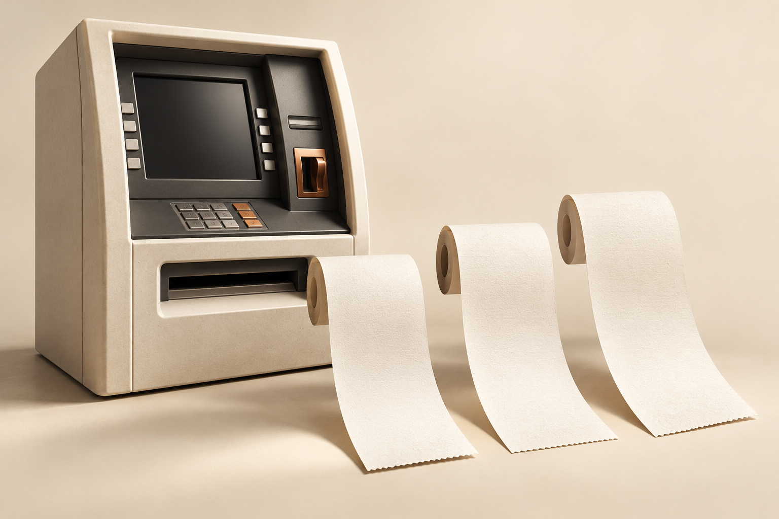 Editorial illustration of an ATM and three receipt strips representing separate withdrawal fee layers