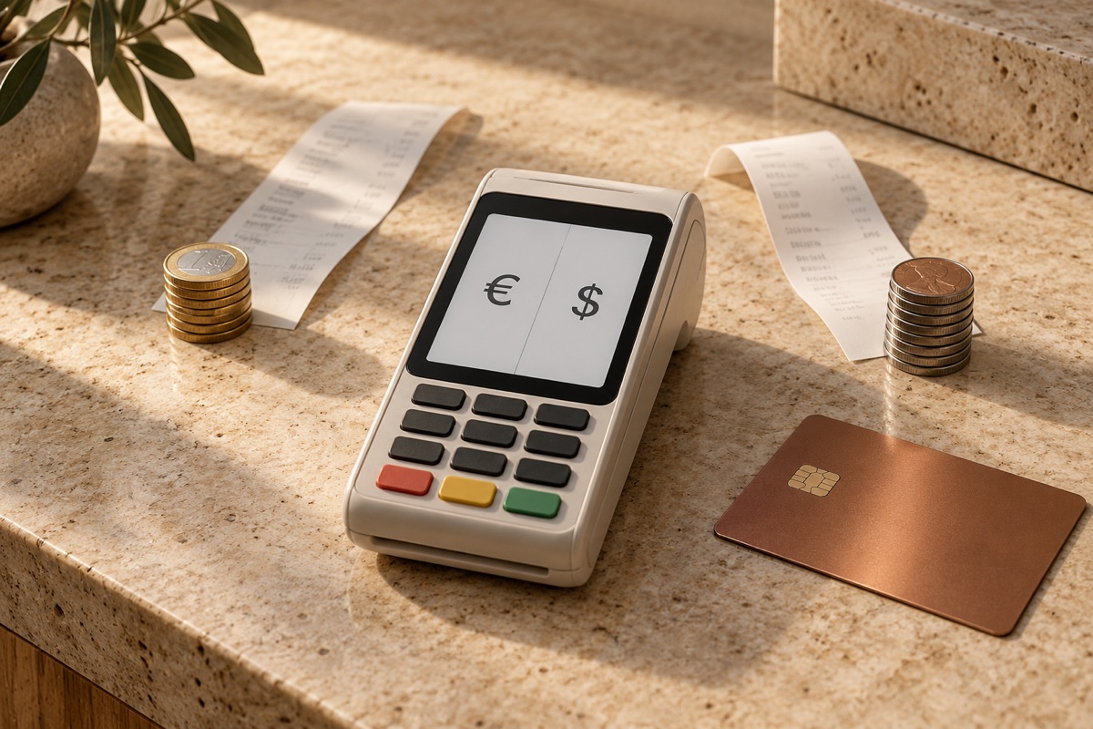 Editorial illustration of a payment terminal offering euro or dollar currency choices beside a card and receipts.