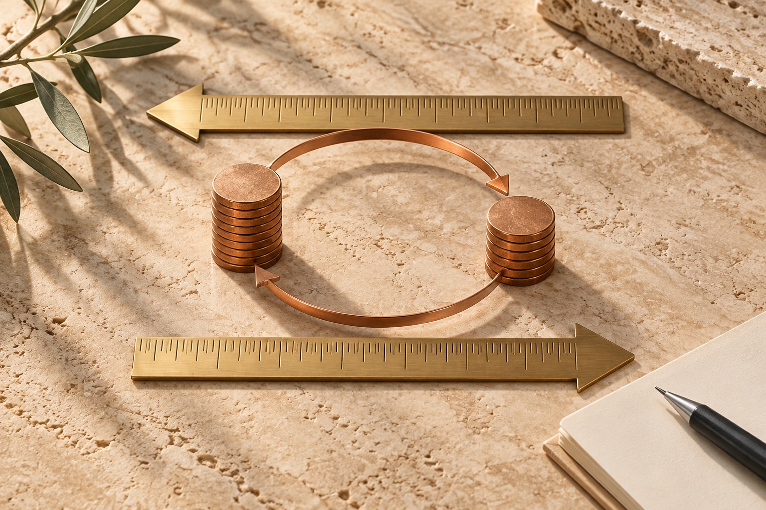Two coin stacks connected by opposing arrows, with rulers pointing in opposite directions to illustrate reciprocal exchange rates.