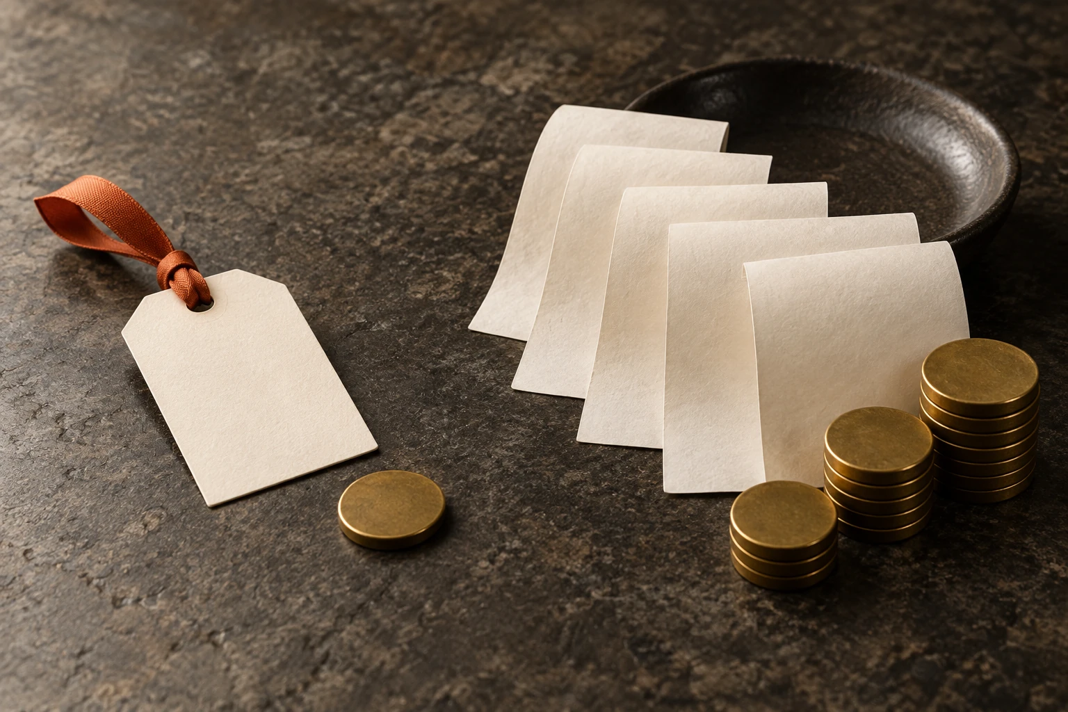 Editorial illustration of an introductory ribbon tag beside repeated blank payment slips and brass tokens.