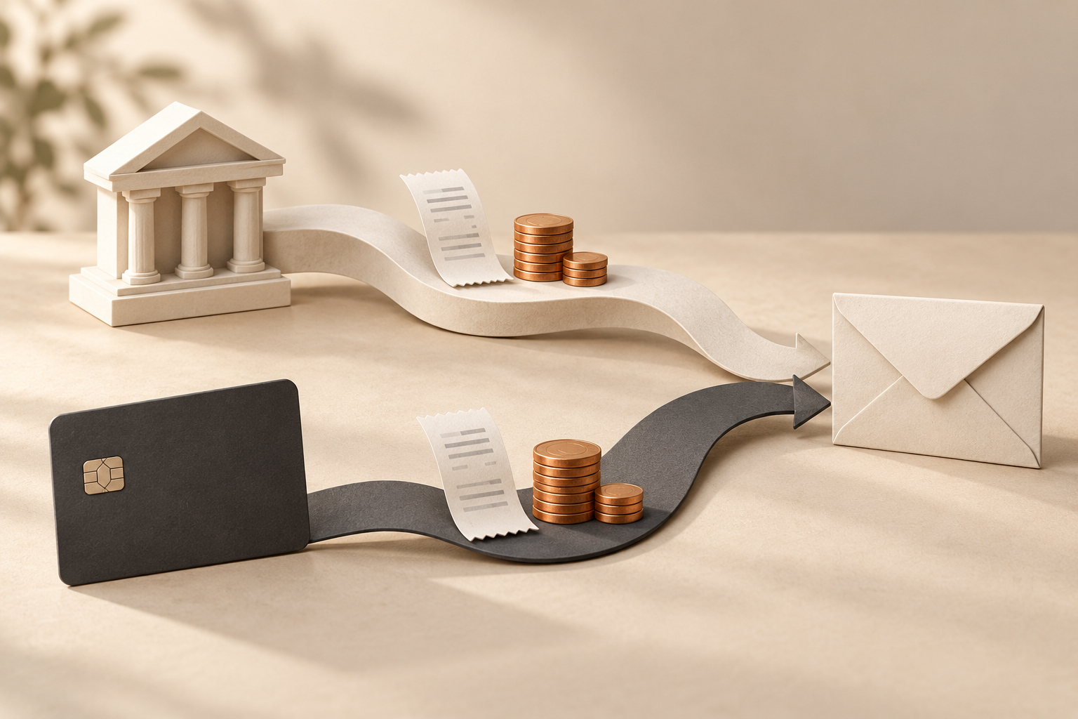 Editorial illustration of bank and card funding paths with separate fee receipts leading to one recipient envelope