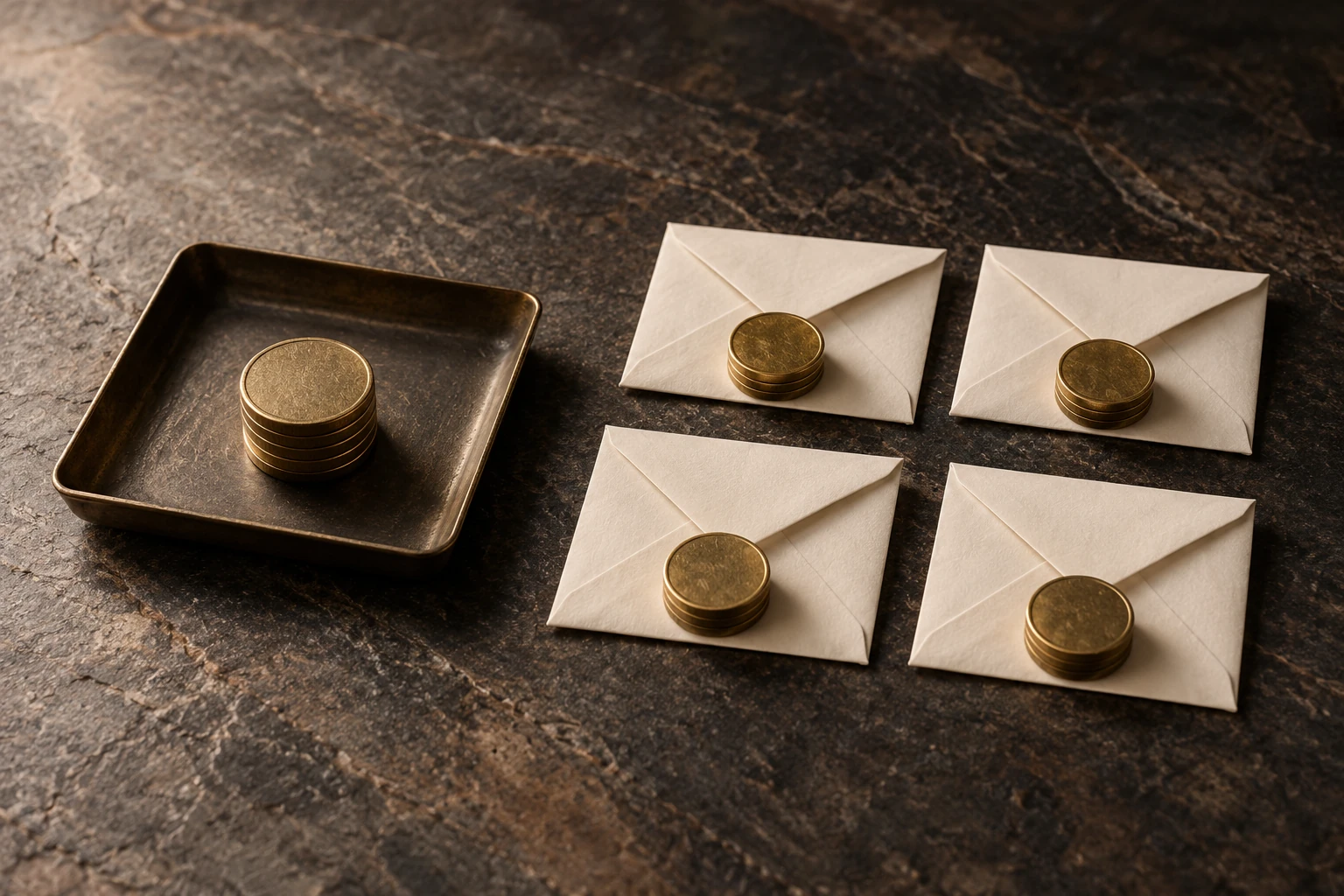 Editorial illustration of one brass coin tray beside four envelopes and token stacks, representing a single payment versus split payments.