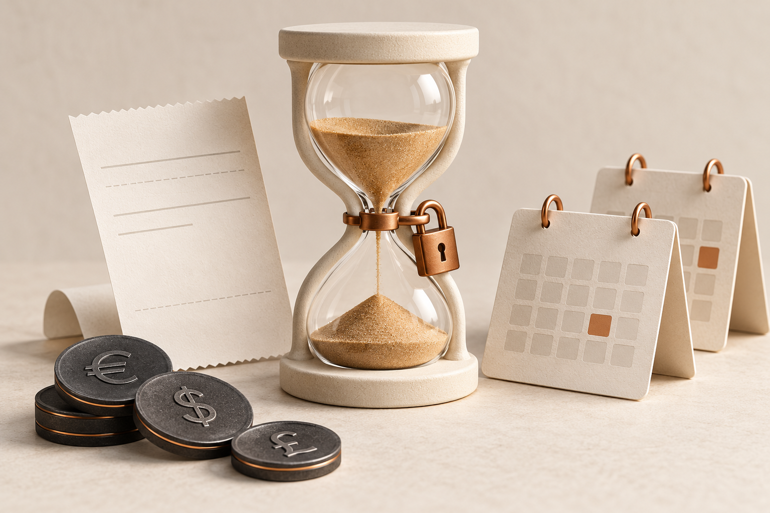 Editorial illustration of an hourglass, calendar and lock representing a guaranteed exchange-rate deadline