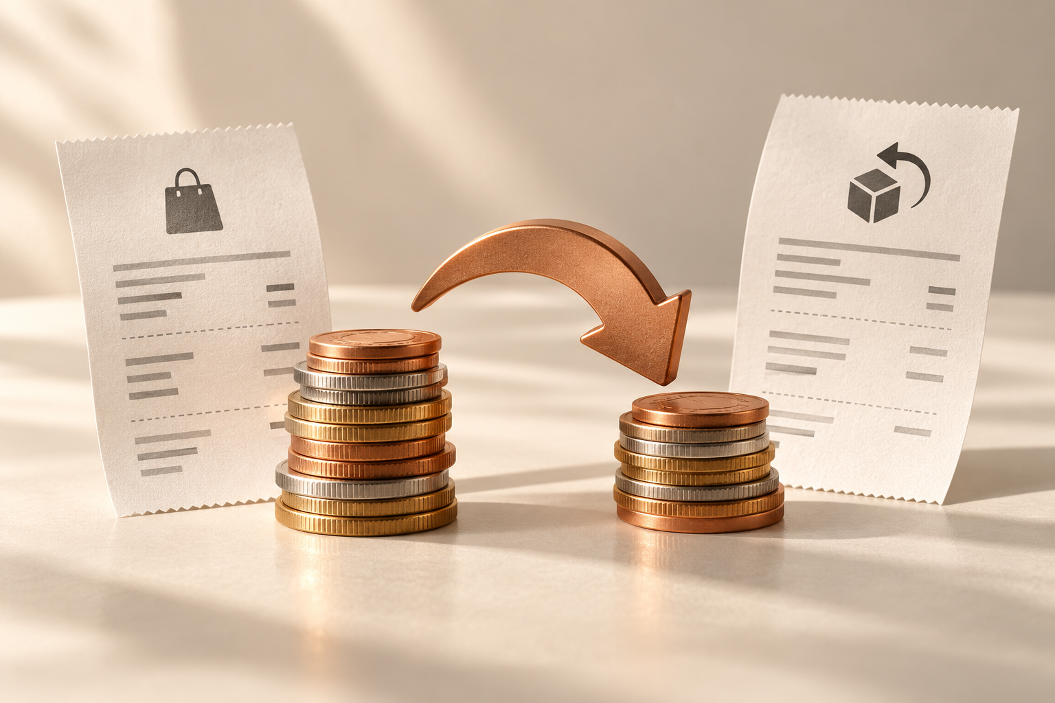Editorial illustration of purchase and refund receipts with different coin stacks linked by a copper arrow