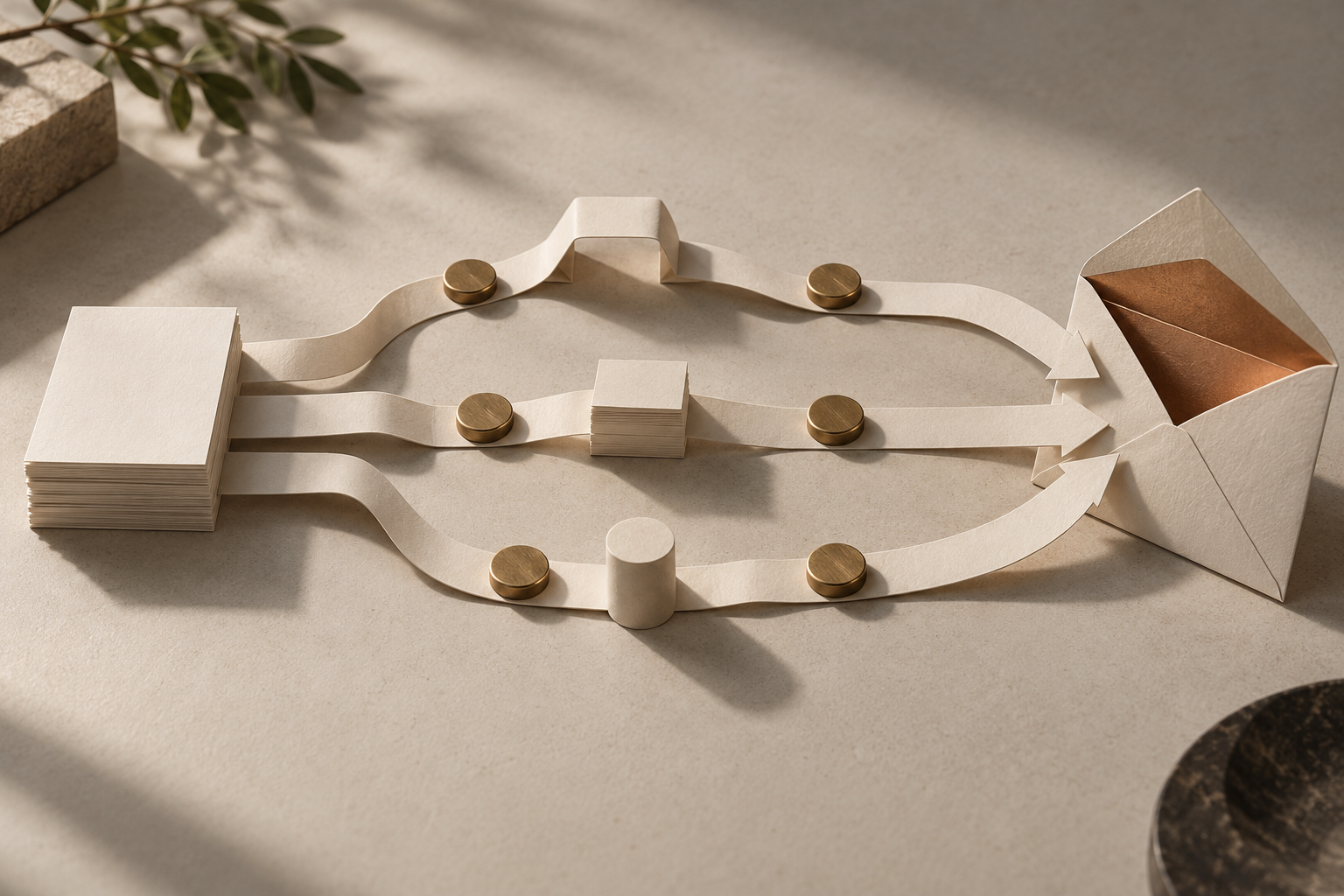 Three paper paths trace the transfer journey toward a recipient’s envelope.